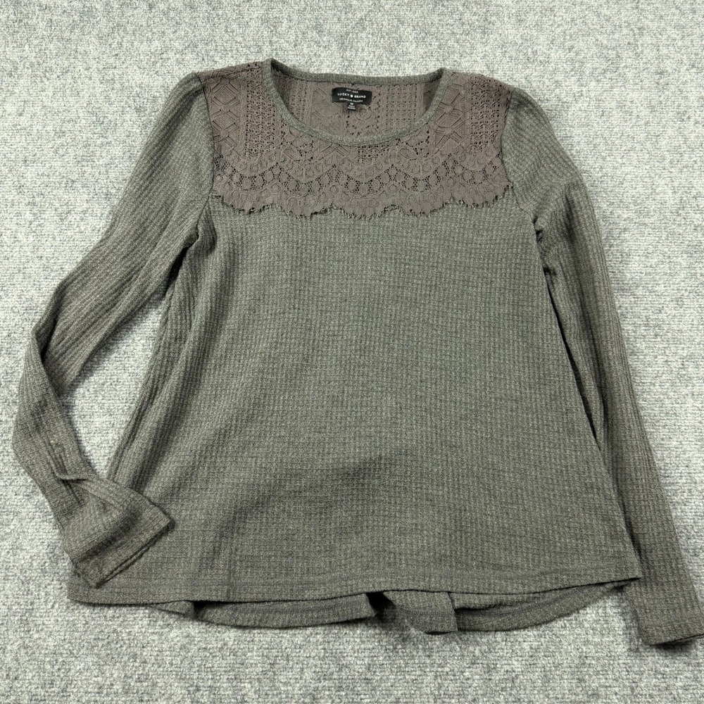 Lucky Brand Waffle Knit Top Womens Medium Gray Lace Yoke Crochet Thermal Boho